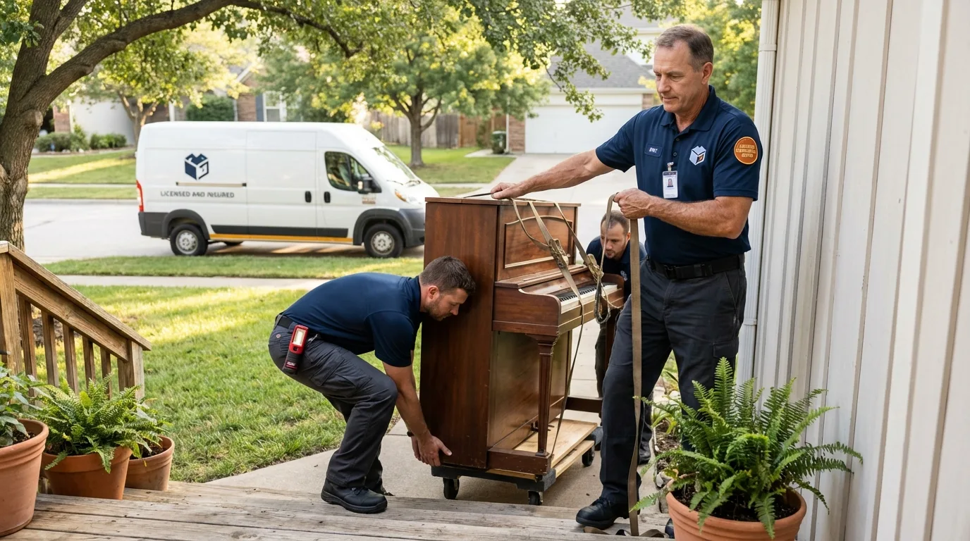 Licensed piano movers securing grand piano in Kilgore, TX