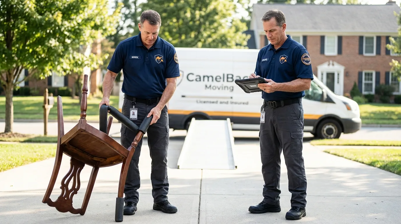 Movers inspecting furniture for damage prevention before loading in Kilgore, TX