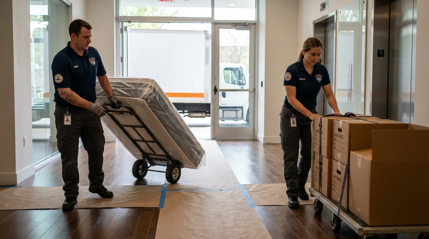 Professional apartment movers loading elevator in Kilgore, TX